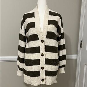 Loft Cardigan green and white/ivoryish. Size medium. 100% cotton
